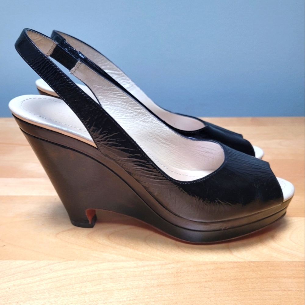 JIL SANDER | Black Patent Leather Platform Wedges, Sz 37